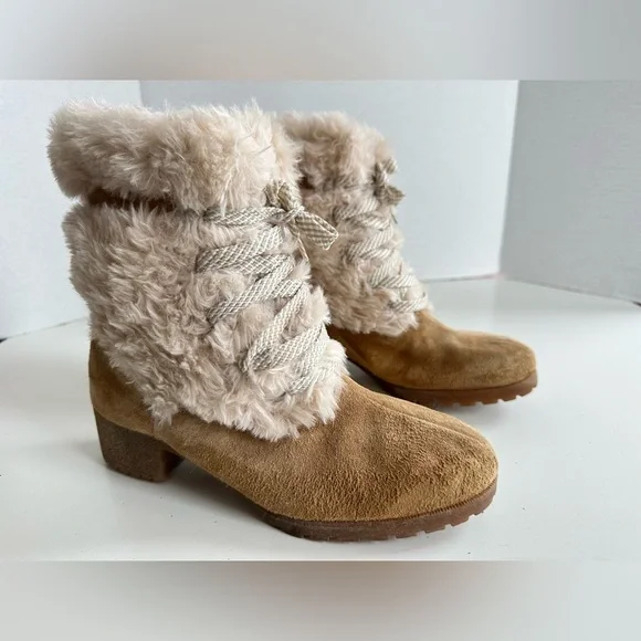 Vintage 70s 80s Hush Puppies Lined Fur Lace Up Suede Boots Size 7.5 - Picture 2 of 8